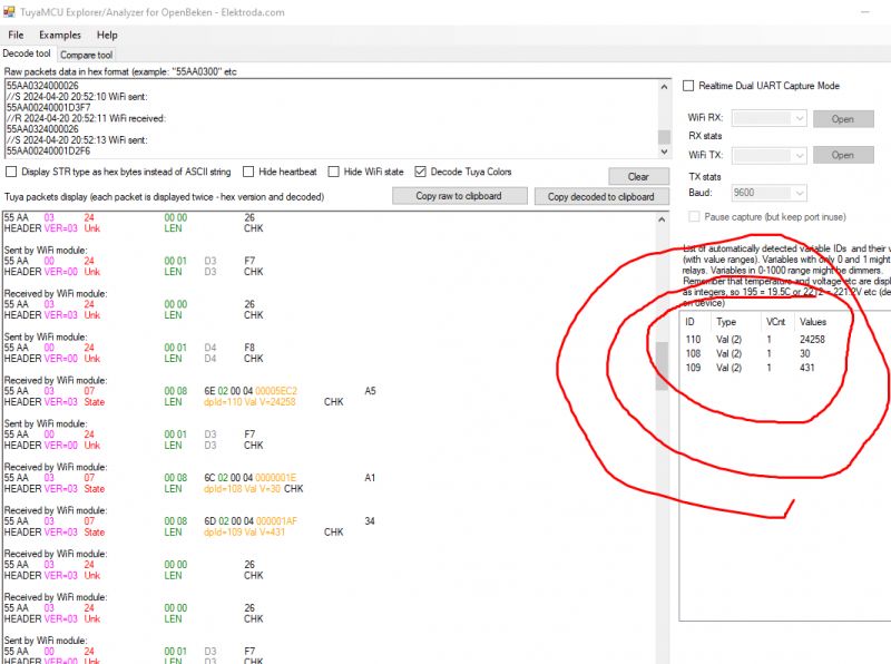 Screenshot of TuyaMCU Explorer Tool Screenshot of TuyaMCU Explorer program showing decoded data.