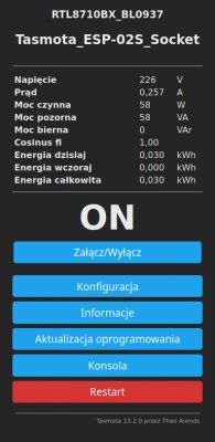 Tasmota Interface for Smart Socket Tasmota interface menu for a smart socket with energy consumption meter.