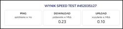 Wynik testu prędkości internetu pokazujący ping, pobieranie i wysyłanie.