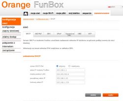 Zrzut ekranu ustawień DHCP w Orange FunBox