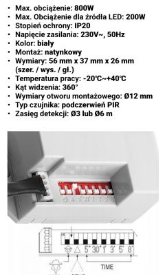 Technical specifications and settings of a motion sensor.