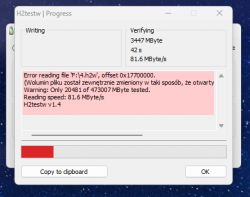 Zrzut ekranu programu H2testw v1.4 z błędem odczytu pliku F:\4.h2w.