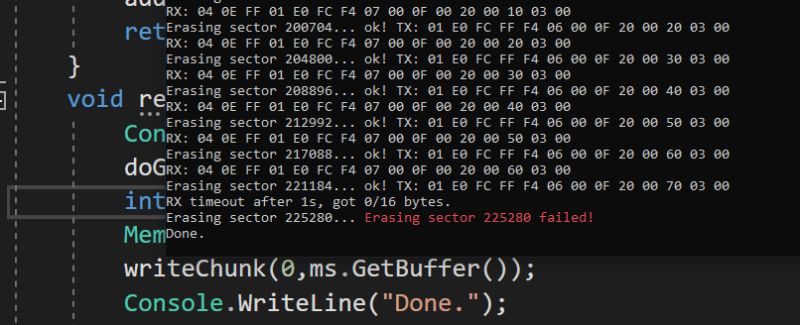 Flash sector erase failure in programming log Screenshot of C# code with flash erase log, including one erase sector failure.
