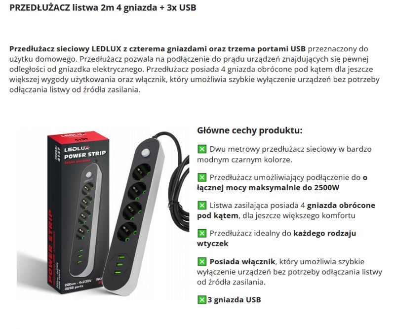 Przedłużacz/listwa 2m 4 gniazda i 3 USB za 35 zł o tajemniczej wydajności prądowej