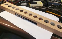 Enclosure with veneer finish and circular cutouts, showing RCA connectors and internal PCB