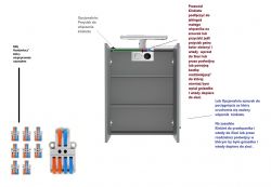 Schemat elektryczny z opisami dotyczący podłączenia kinkietu.