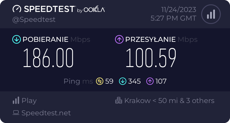 Zrzut ekranu wyniku testu prędkości internetu z aplikacji Speedtest.