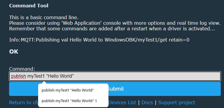 OBK Command Tool Interface Command tool interface with an example MQTT command.