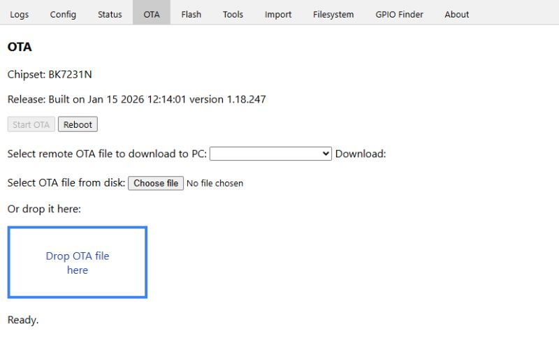 OTA interface for BK7231N with file upload option and reboot button