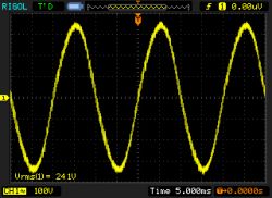 Oscilloscope Voltage Waveform 241V Oscilloscope display showing a sinusoidal signal with an RMS voltage of 241V.