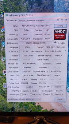 Zrzut ekranu programu GPU-Z z informacjami o karcie graficznej ASUS Radeon RX 460.