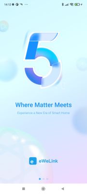 Welcome screen of the eWeLink 5.0 app with the slogan “Where Matter Meets” and app logo.