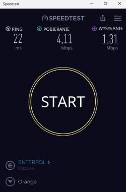 Zrzut ekranu z aplikacji Speedtest pokazujący wyniki pomiaru prędkości internetu dla sieci Orange.