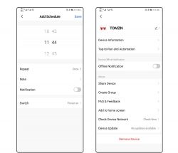 Tuya App Screenshots Screenshots of the Tuya app showing add schedule and device information.