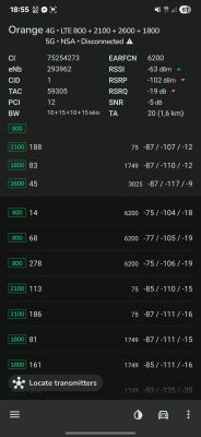 Zrzut ekranu z aplikacji pokazujący parametry sieci LTE Orange w różnych pasmach