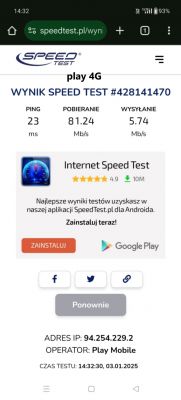 Wynik testu prędkości internetu z aplikacji Play Mobile.