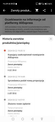 Zrzut ekranu z aplikacji AliExpress pokazujący historię zwrotów produktów.