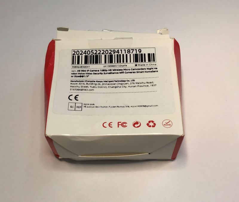 A9 Mini IP 1080p HD Camera Packaging Back side of A9 Mini IP camera packaging with barcode and product information.