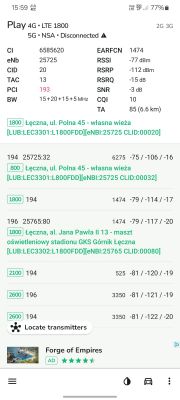 Zrzut ekranu z aplikacji Network Cell Info przedstawiający dane o sieci 4G i 5G.