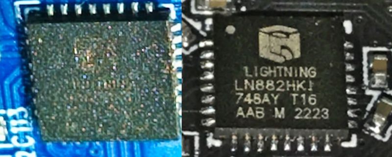 Close-up of two PCB chips, including one labeled “LIGHTNING LN882HKI”.