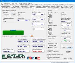 Widok kalkulatora Saturn PCB Toolkit z różnymi parametrami obliczeń ścieżek PCB.