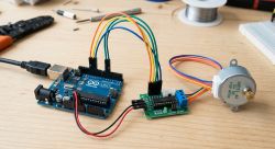 Arduino UNO połączone przewodami z modułem sterownika i silnikiem krokowym 28BYJ-48 na drewnianym biurku