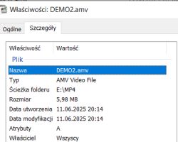 Właściwości pliku wideo AMV o nazwie DEMO2.amv w systemie Windows