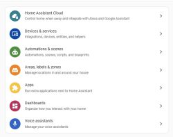 Home Assistant settings list showing items like Devices &amp; services, Automations &amp; scenes, and Dashboards