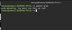 Terminal z komunikatem „grub-mkconfig: You must run this as root”