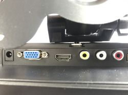 Rear connector panel of a monitor with DC power, VGA, HDMI, and three RCA jacks