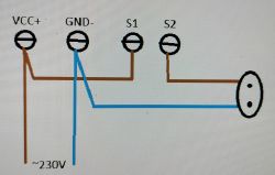 Schemat podłączenia regulatora napięcia 230V z oznaczeniem przewodów.