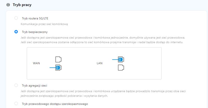 Ekran konfiguracji trybu pracy routera z zaznaczoną opcją Tryb bezpieczny