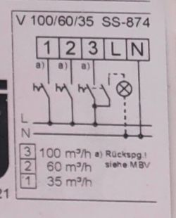 Schemat podłączenia z zaciskami 1, 2, 3, L i N oraz opisem wydajności 35/60/100 m³/h