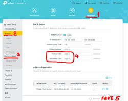 Panel TP-Link Archer C6: DHCP Server z polami Primary i Secondary DNS zaznaczonymi na czerwono.