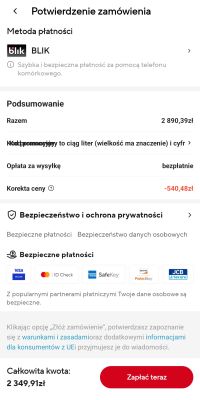 Ekran potwierdzenia zamówienia z metodą płatności BLIK i łączną kwotą 2 349,91 zł