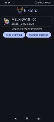 Screenshot of Elkotrol app showing device MELK-0A10 and buttons for scanning and blacklist