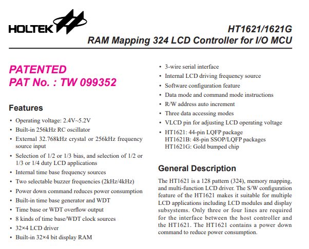 Zrzut strony dokumentu technicznego kontrolera LCD HT1621