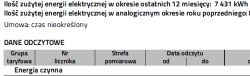 Fragment faktury za prąd z tabelą „DANE ODCZYTOWE” i informacją o zużyciu energii w kWh.