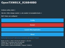 Web interface of OpenTXW81X showing configuration and restart buttons