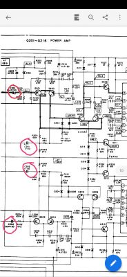 Schemat wzmacniacza Pioneer SA 770 z zaznaczonymi kondensatorami 0,47uF