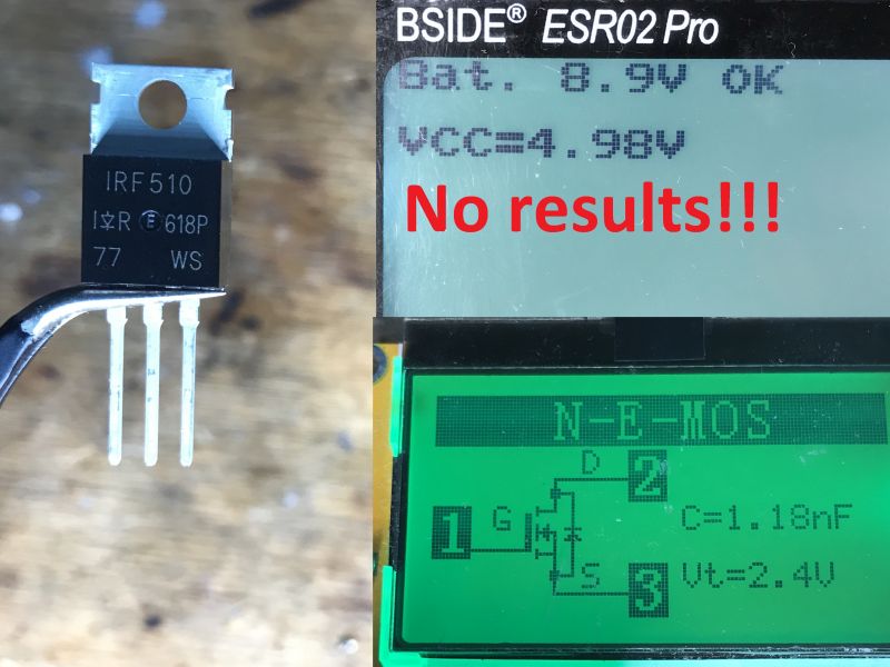 BSIDE ESR02 Pro - No Results for IRF510 BSIDE ESR02 Pro component tester showing no results for IRF510 transistor.
