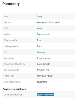 Wyświetlone parametry przedłużacza Brennenstuhl Estilo model ESL 0202 USB BE 3676 ze sklepu internetowego.