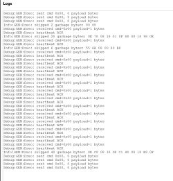 Screenshot of “Logs” showing debug lines, repeated heartbeat ACK, and “skipped … garbage bytes” hex sequences