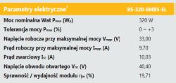 Zrzut tabeli „Parametry elektryczne” panelu BS-320-6MB5-EL z wartościami mocy, napięć i prądów