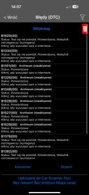 Ekran telefonu z diagnozą błędów poduszek powietrznych w Hyundai i20 2015.