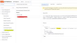 Screenshot of Tuya IoT Platform API interface with Query Things Data Model highlighted and response showing modelId field with value exvou0 highlighted.