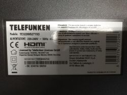 Technical label of Telefunken TV model TE32269S27YXD with power and licensing information.