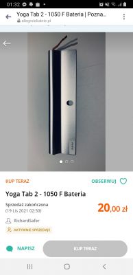 Tablet Lenovo Yoga 2-1050l - urwany wtyk od baterii