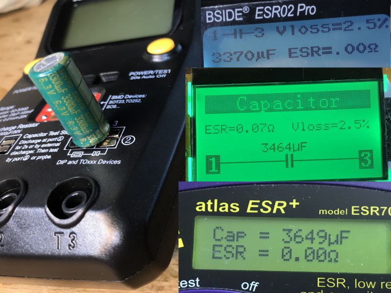 Comparison of BSIDE ESR02 Pro and Atlas ESR+ Testers Comparison of readings from BSIDE ESR02 Pro and Atlas ESR+ testers while testing a capacitor.