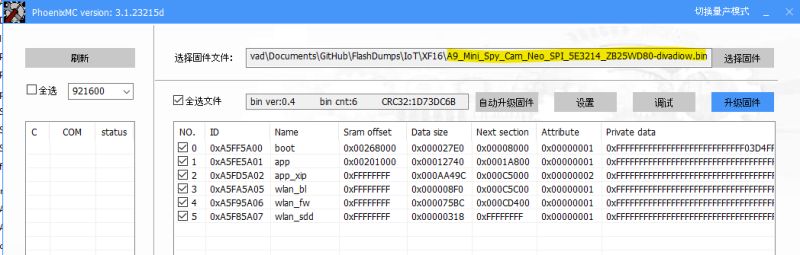 Screenshot of PhoenixMC version 3.1.23215d with a loaded firmware binary for the A9 Mini Spy Cam.
